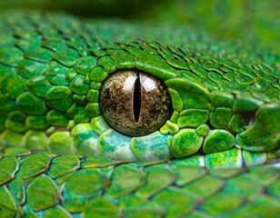 Close-up photo of a green snake eye with sharp scale details and stunning natural colors. The texture of the scales and vertical pupil create a dramatic and exotic impression