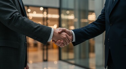 Handshake in Modern Atrium – Corporate Agreement in Business District