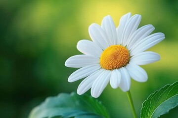 Obraz premium Close-up of a single white daisy flower with yellow center and green leaves against a blurred green background