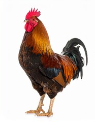A brown, black, and red rooster standing upright on a plain white background. Detailed feathers, bright red comb, and curved tail