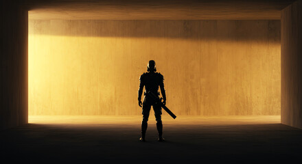 Mysterious Armored Figure Silhouetted in Golden Light of Futuristic Concrete Passage.