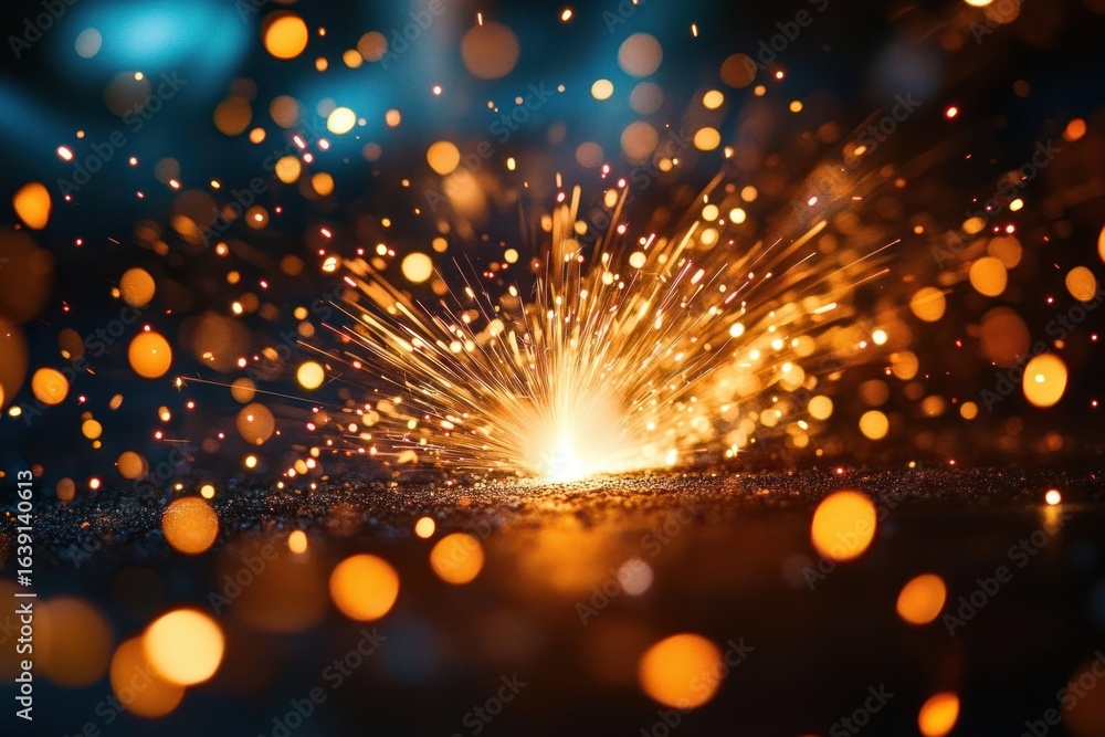 Poster bright golden sparks flying outward from a central explosion on a dark surface with a bokeh effect i