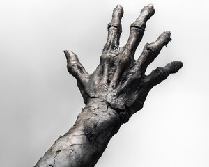 A close-up of an eerie, twisted, and cracked dark hand with elongated fingers reaching upward against a plain light background, evoking a sense of tension or horror