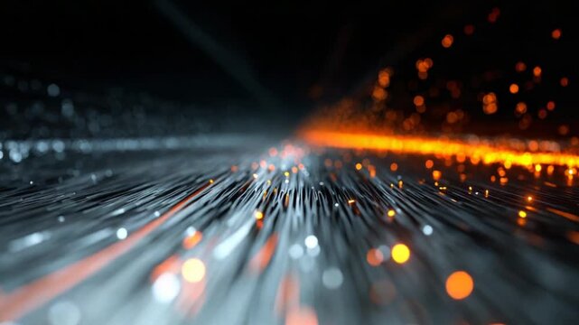 Abstract image with parallel lines emitting white and orange light, creating bokeh effects against a dark backdrop