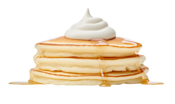 thick white yogurt appears to be naturally spooned onto pancakes, It has a soft, fluffy texture, asymmetrical