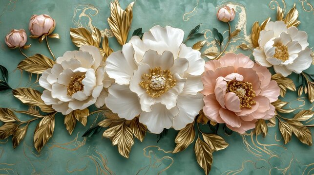 3D design of a luxurious floral pattern in white, gold, and pink tones