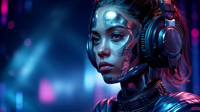 A cybernetic woman in a futuristic setting wearing headphones, illuminated by neon lights.