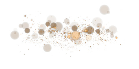 A sparkling gold magic dust effect with glowing bokeh lights and twinkling particles on a transparent background, ideal for fantasy and festive designs