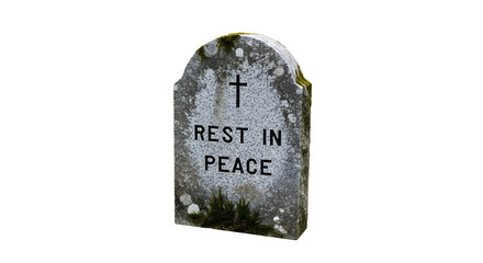 A weathered gravestone with a cross and the inscription rest in peace against a black background isolated