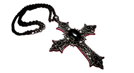 A gothic cross pendant with black stones and skulls on a silver chain against a black background