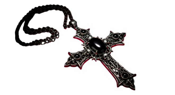 A gothic cross pendant with black stones and skulls on a silver chain against a black background