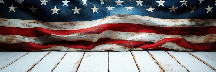 worn american flag draped over a rustic white wooden table evoking a sense of history and patriotism