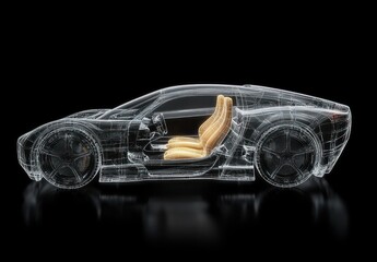 Transparent wireframe sports car with visible internal structure and illuminated yellow seats on black background