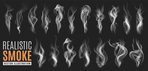 Realistic smoke wave, gas, explosion pattern, sky cloud, food steam, chimney or cigarette fume with overlay texture. White fire flame, winter fog, mist, vapor and nature air on transparent background.