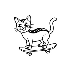 Cute kitten sitting on a skateboard, the image is a line art version