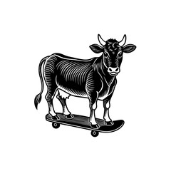 A cow stands on a skateboard, rendered in a detailed black and white engraving style.