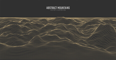 Contour mountain landscape. Waved line art. Abstract minimal topographic map. Contour lines with elevations and terrain depth. Vector illustration.
