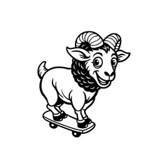 Cartoon ram with curled horns rides a skateboard, smiling and looking forward in a black and white illustration.
