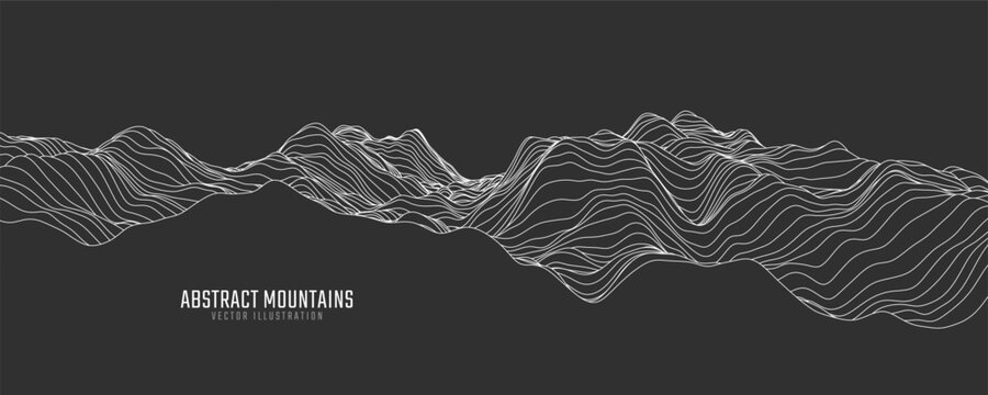 Contour mountain landscape. Waved line art. Abstract minimal topographic map. Contour lines with elevations and terrain depth. Vector illustration.