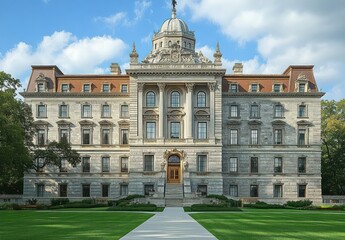 Fototapeta premium large neoclassical stone building with decorative columns and dome under blue sky with clouds surrounded by green trees and lawn