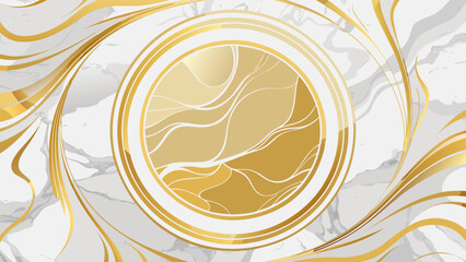 Obraz premium Vector art of luxurious white and gold abstract marble background with a swirling pattern and a central golden circle, conveying elegance and opulence