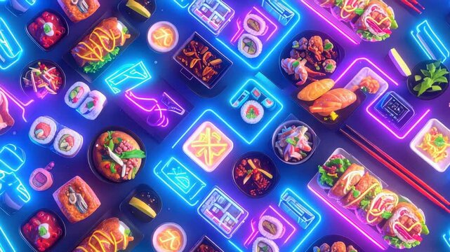 Array of asian cuisine, bathed in vibrant neon light.
