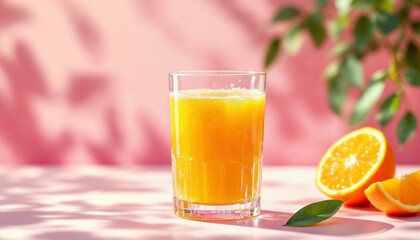 Fresh Orange Juice in Glass on Sunlit Pastel Pink Background for Wellness