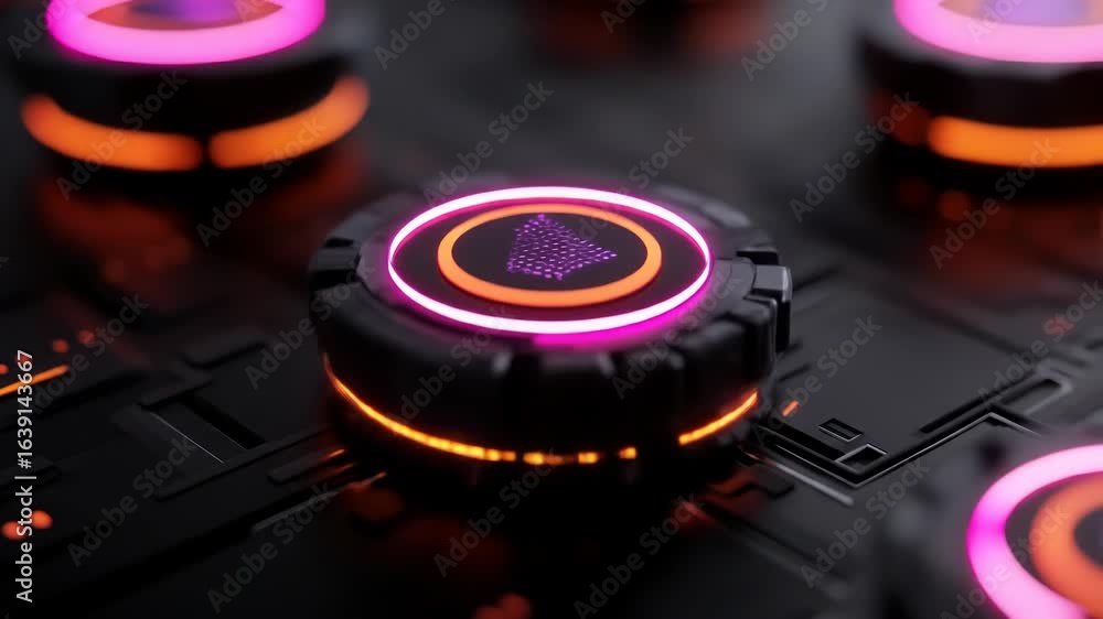 Poster futuristic neon illuminated buttons on a dark tech surface creating abstract visuals