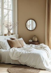 Cozy bedroom with unmade white bedding, beige pillows, woven bedside table and rustic decor in front of a large window with soft natural light