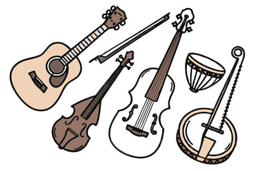 Collection of Musical Instruments Hand Drawn Style Grouped Together