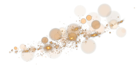 A sparkling gold magic dust effect with glowing bokeh lights and twinkling particles on a transparent background, ideal for fantasy and festive designs
