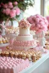 Fototapeta premium Elegant pastel pink and white tiered cake adorned with pink roses and surrounded by matching mini desserts and a decorative porcelain doll on a white table with a floral backdrop