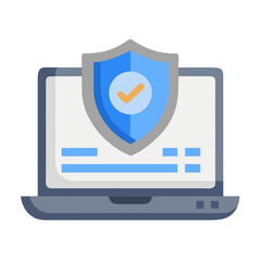 Laptop security with shield and check mark on the screen isolated on white background