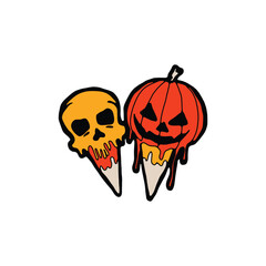Halloween Ice Cream Cones Vector. Skull and Pumpkin Drip Illustration Design