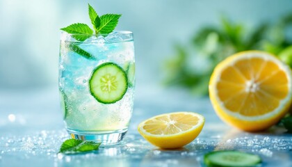 Fototapeta premium Refreshing Detox Drink with Cucumber and Lemon on Pure White Surface