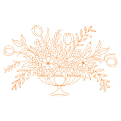 A Coloring page of a bouquet of flowers Vector in a vase, Minimal Line Art Flower Bouquet Illustration.