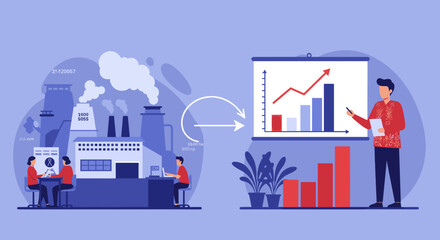 A presenter shows rising graphs representing industrial and economic growth.