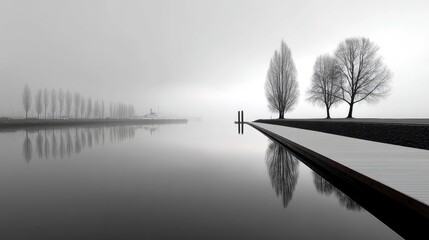 Foggy Harbor Scene with Silhouetted Trees and Dock