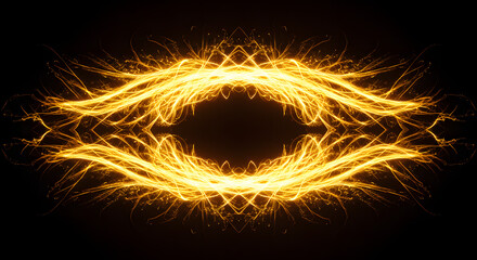 Symmetrical Golden Light Trails on a Black Background, Creating a Dynamic and Enticing Visual Effect for Abstract and Modern Design