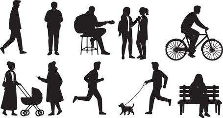 Silhouettes of People Walking Biking Running Sitting and with Dog on White woman child