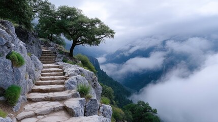 Foggy Mountaintop Stone Steps and Tree