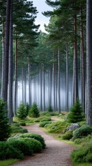 Foggy Pine Forest Path: A Misty Morning Trail Through Tall Trees