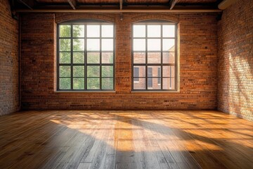 sunlit empty room with large industrial windows and exposed brick walls casting shadows on wooden floor