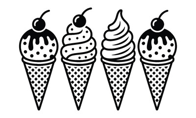 Kawaii Ice Cream Cones in Chalk Style , Cute White on Black Dessert Vector Illustration Set.