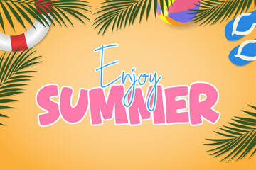 Obraz premium Enjoy the summer. A summer background template for social media, banner or poster design. Palm leaves, beach ball, circle and flip-flops on a sandy background. Vector illustration