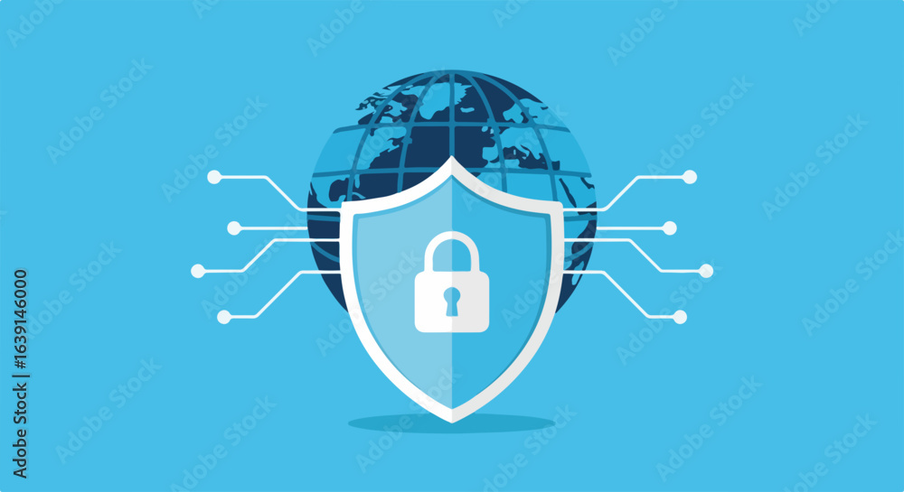 Poster password protection shield icon on world globe symbolizing security. digital password protection sec