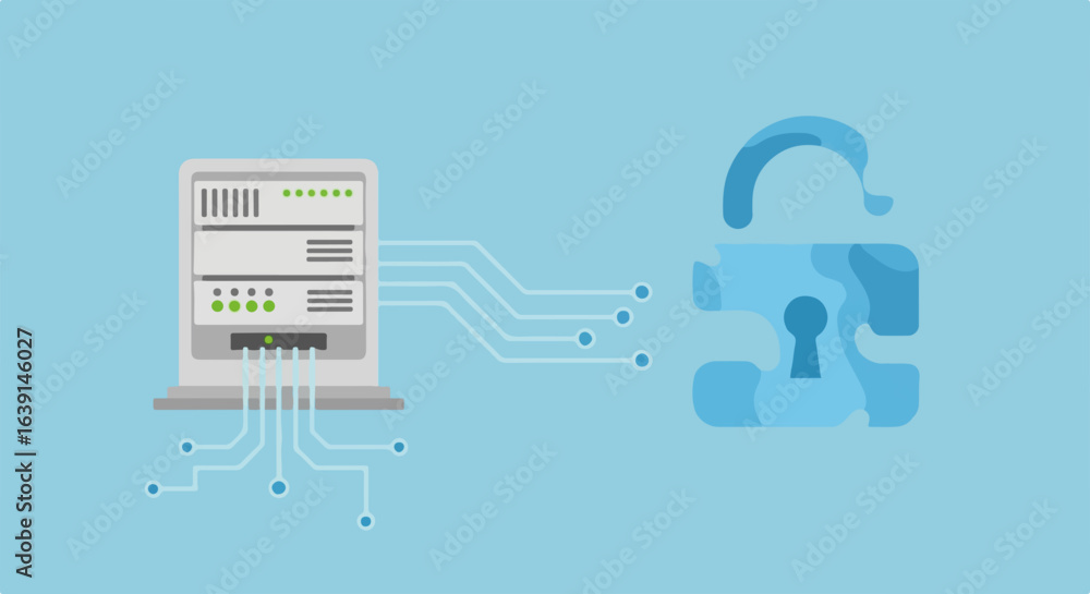 Poster password protection security concept showing unlocked blue padlock with server connection on a light