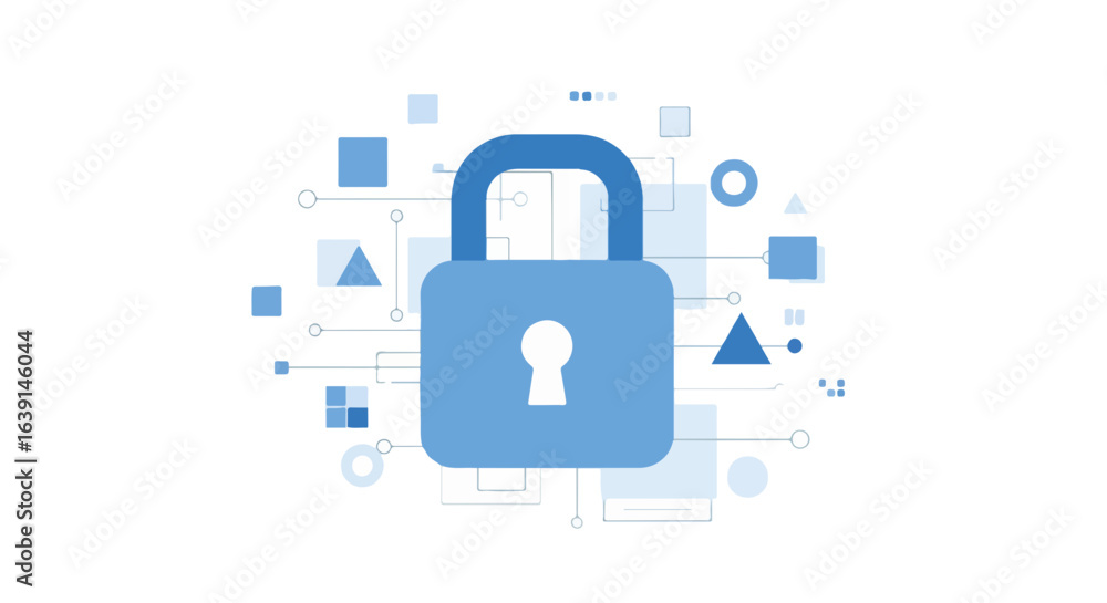 Poster password protection concept with blue padlock symbol and digital data shapes. password protection im