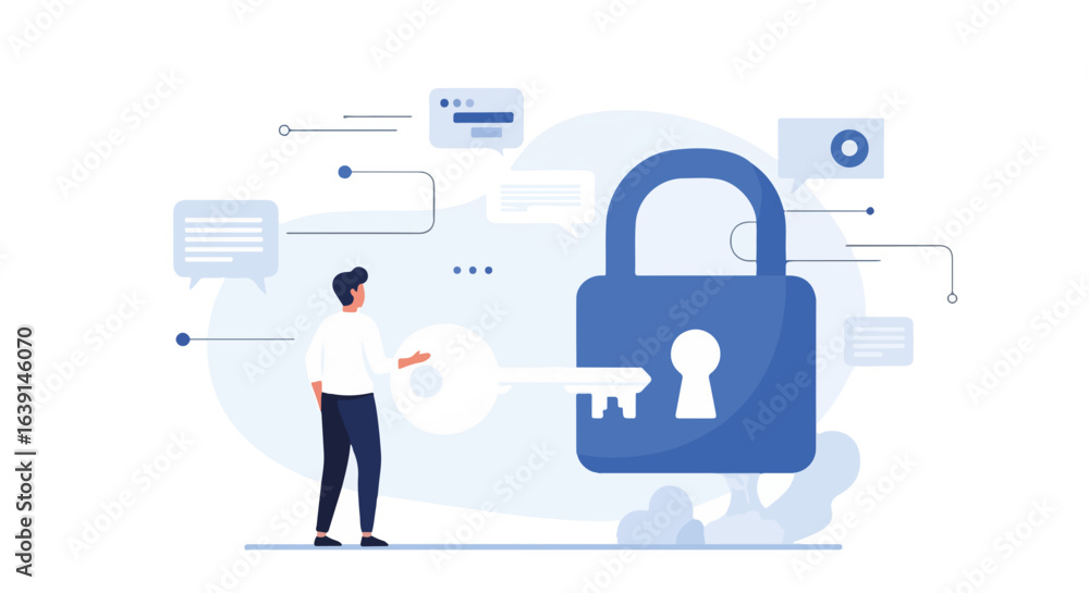 Poster password protection concept with man inserting key into large padlock. secure password protection en