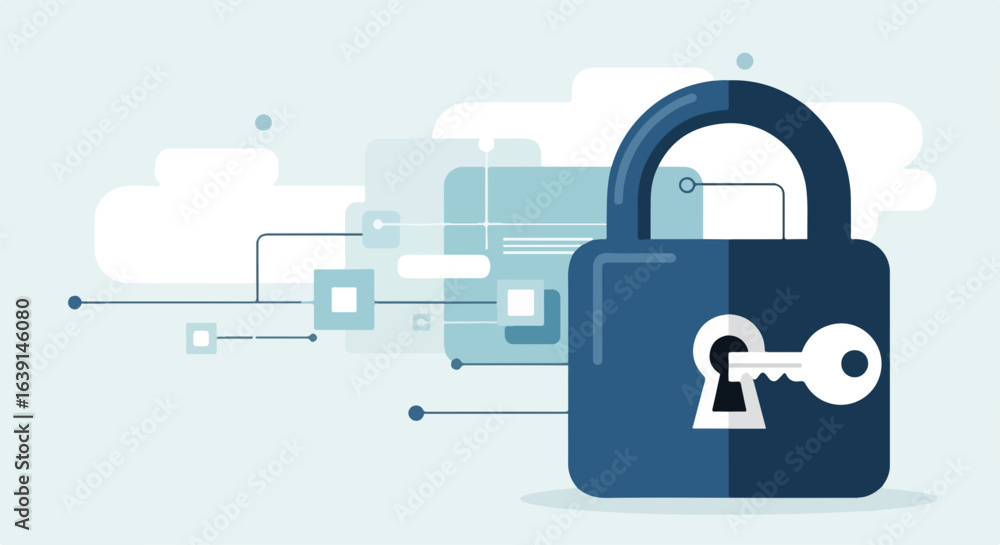 Poster password protection concept with padlock and key. secure digital data protection illustration. passw